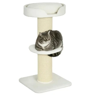Abbildung von PawHut Kratzbaum klein 91 cm Katzenbaum mit Katzenbett, Katzenkratzbaum Spielbaum Kratzstamm Plattform für Katzen bis 5 kg Sisal Lammwolle Cremeweiß