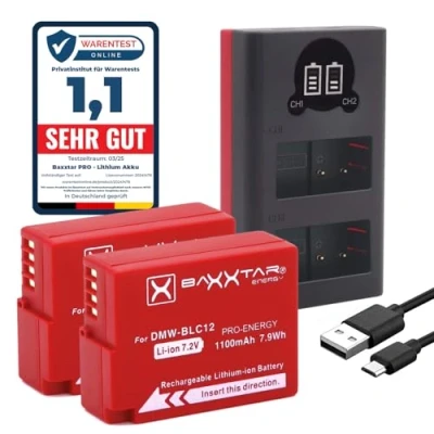 Abbildung von Baxxtar Pro DMW BLC12 E BLC12E Kamera Akku Pack (BP DC12 BP 51) mit Ladegerät Mini 18622 LCD DUAL (Eingang USB C und MicroUSB)