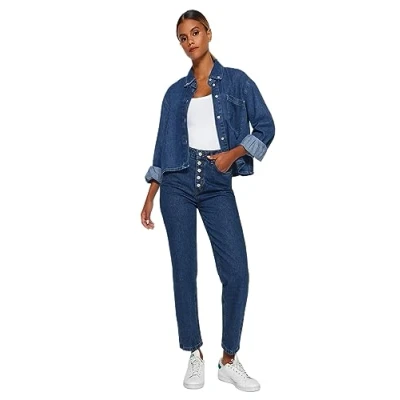 Abbildung von TRENDYOL Damen Gerade Mama Hohe Taille Jeans, Dark Blue, 34