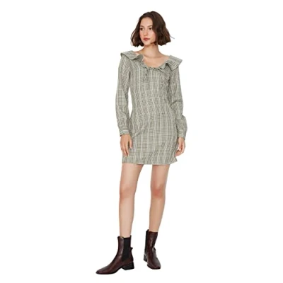 Abbildung von Trendyol Damen Woman Mini Ruffle Hem Polo Neck Woven Dress Kleid, Khaki, 42
