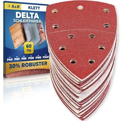 Abbildung von S&amp;R Schleifdreieck Schleifpapier Profi Set 105 mm x 152 für professionellen Einsatz, (Set, 60 St., Je 10x P40, P60, P80, P120, P180 und P240), Metallen, NE Stahl Legierungen, Holz, Kunststoffe