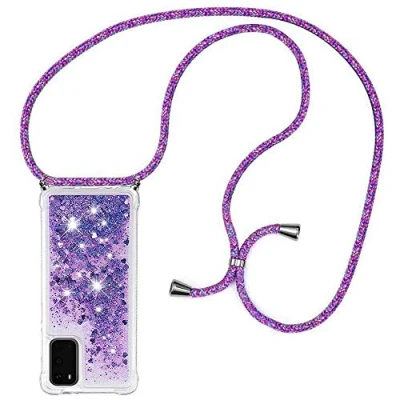 Abbildung von HongMan Handykette Hülle kompatibel mit Samsung Galaxy S20 Band zum Umhängen, Glitter Handyhülle Flüssig Treibsand, Stoßfest Silikon Transparent Kette,lila