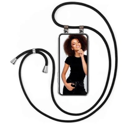 Abbildung von moex Handykette kompatibel mit Samsung Galaxy S23 Hülle Band Längenverstellbar, Handyhülle zum Umhängen, Silikon Case Transparent Kordel Schnur abnehmbar in Schwarz