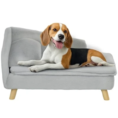 Abbildung von PawHut Tierbett für mittelgroße Hunde, abnehmbarem und waschbarem Kissen, Holzbeine, Polyester, mit Erhöhtem Design, 20 kg, Hellgrau