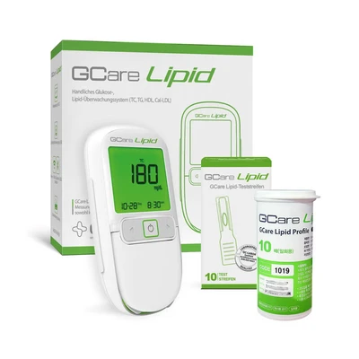 Abbildung von Gcare LIPID Gesamtcholesterin Messsystem mit 10 Teststeifen 1 St