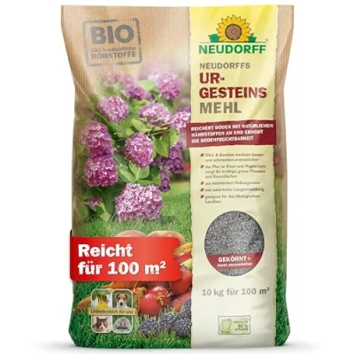 Abbildung von Neudorff Bodenverbesserer Neudorffs UrgesteinsMehl 10 kg für 100 m², Reichert Böden mit natürlichen Nährstoffen an, erhöht Bodenfruchtbarkeit bei allen Bodenarten, Diabasgesteinsmehl natürlicher Langzeitwirkung