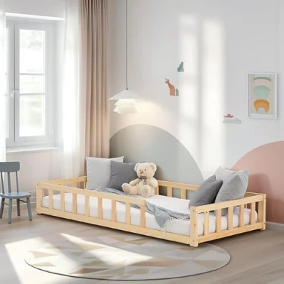 Abbildung von Homestyle4u Bodenbett 90x200 Natur Montessori Kinderbett mit Rausfallschutz Kinder Holzbett Lattenrost