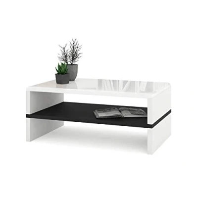 Abbildung von All4All Couchtisch Riva Kleiner Kaffeetisch Wohnzimmertisch Sofatisch mit Ablagen kompakte Größe 100x60cm 05 Weiß Hochglanz + Schwarz