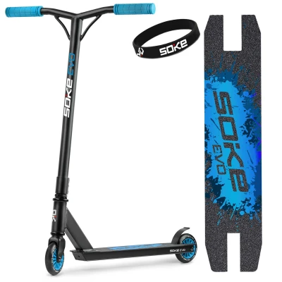 Abbildung von SOKE Evo Stunt Scooter für Extreme Skateparkfahrten ABEC 9 Carbonlager aus verchromtem Stahl PU Räder 88A Y Bar Lenker mit TPR Griffen Aluminium Deck Ruby