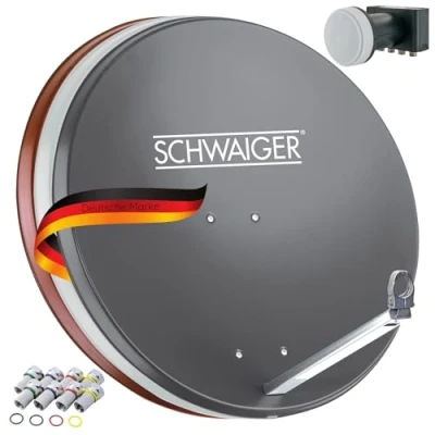 Abbildung von SCHWAIGER 548 SAT Anlage Satelliten Set Satellitenschüssel Quad LNB digital 8X F Stecker 7mm Antenne aus Aluminium Komplettset Anthrazit 74,5 x 84,5cm