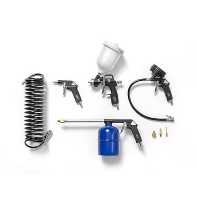 Abbildung von FIAC Kompressor Zubehörkit 8 teilig, Inklusive Inflator mit Manometer, Blaspistole, Airbrush, Waschpistole, 5m Spiralschlauch, 3 Aufblasdüsen, Max. Bar, Schwarz