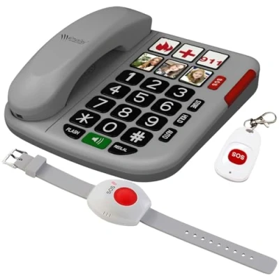 Abbildung von simvalley Communications Festnetztelefon: Senioren Notruf Telefon, Funk SOS Taster &amp; zusätzliches Armband (Notruftelefon, Tischtelefon)