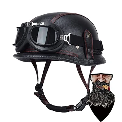 Abbildung von DIRERTYS Deutsche Leder Motorrad Halbhelme Retro Halbschalenhelm JetHelm mit Visier Schnellverschluss Schnalle für Cruiser Chopper Biker Moped DOT/ECE Zulassung, M55 56CM
