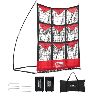Abbildung von VEVOR Pitching Netz Target mit 9 Nummerierte Taschen, Baseball &amp; Softball aus Polyester, Pitcher für Jugendliche und Erwachsene, Tragbares Schnellmontage Design Rot