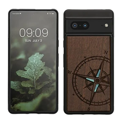 Abbildung von kwmobile Hülle kompatibel mit Google Pixel 7 Holz Case Handy Cover TPU Handyhülle in Dunkelbraun Vintage Kompass Perlmutt