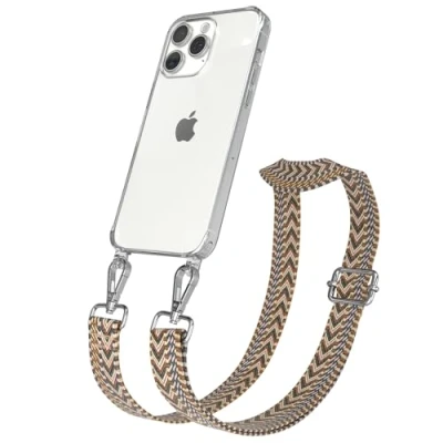 Abbildung von EAZY CASE Handykette mit verstellbarem Trageriemen für iPhone 15 Pro Max Taschengurt zum Wechseln transparenter Handyhülle Hülle dünner Schulterriemen in Braun Silber