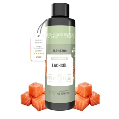 Abbildung von alphazoo Premium Lachsöl Katze 250 ml, Omega 3 &amp; 6 Fischöl für Katzen abgefüllt in Deutschland, Barf Öl, Fellpflege