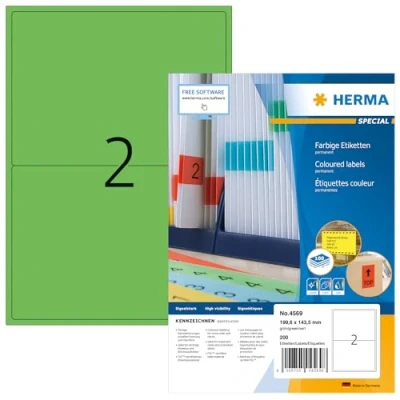 Abbildung von HERMA 4569 Farbige Etiketten grün, 100 Blatt, 199,6 x 143,5 mm, 2 pro A4 Bogen, 200 Stück, selbstklebend, bedruckbar, matt, blanko Papier Farbetiketten Aufkleber