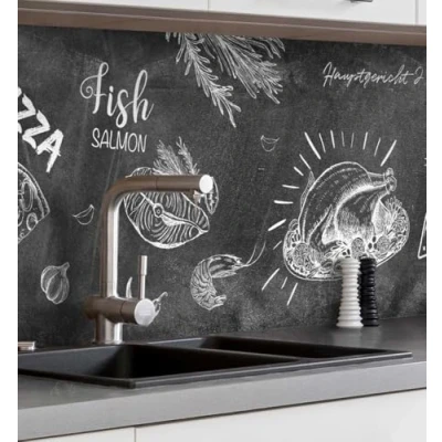 Abbildung von MyMaxxi Selbstklebende Küchenrückwand Folie ohne Bohren Motiv Menü Tafel Schule Weiß Schwarz 60cm hoch Klebefolie Wandbild Küche Wand Deko Speisen und Getränke Kreide 340 x