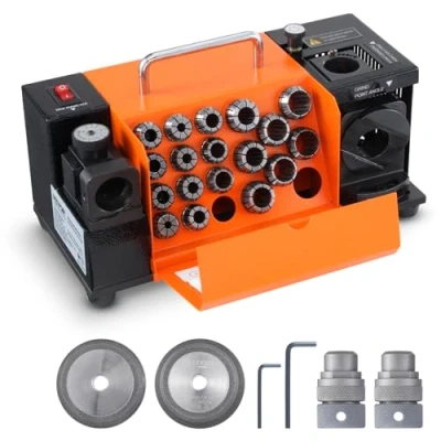 Abbildung von VEVOR Bohrerschleifgerät 120 W Bohrerschleifmaschine 4500 U/min Schärfstation 45# Stahl Bohrerschärfgerät 95 135 Einstellbarer Spitzenwinkel 18 Spannzangen Geeignet für Bohrerdurchmesser φ320 mm