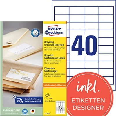 Abbildung von AVERY Zweckform LR3657 Recycling Etiketten (4.000 Klebeetiketten, 48,5x25,4mm auf A4, 100% recyceltes Altpapier, individuell bedruckbar, selbstklebende Aufkleber) 100 Blatt, naturweiß
