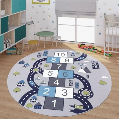 Abbildung von TT Home Kinderzimmerteppich Teppich Junge Mädchen Kinderteppich Baby rutschfest Straße, Farbe: Grau, Größe:200 cm Rund