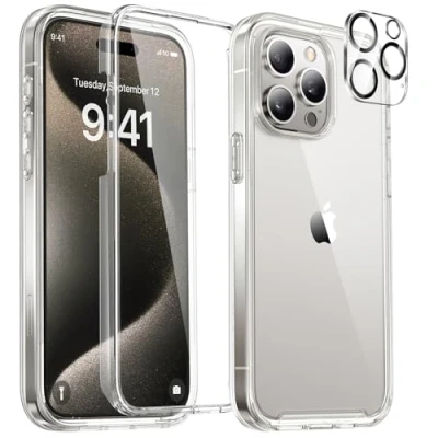 Abbildung von Miracase Glas Hülle für iPhone 15 Pro Max 6,7 Zoll, Full Body Bumper Clear Back Cover und Eingebauter 9H Hartglas Displayschutz + Kameraobjektivschutz (klar)
