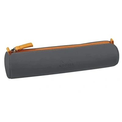 Abbildung von Rhodia 319046C Schlampermäppchen Rhodiarama, rund, 21,5x5,5 cm, mit elfenbeinfarbenem Jersey gefüttert, praktisch und elegant aus Kunstleder, Titanium, 1 Stück