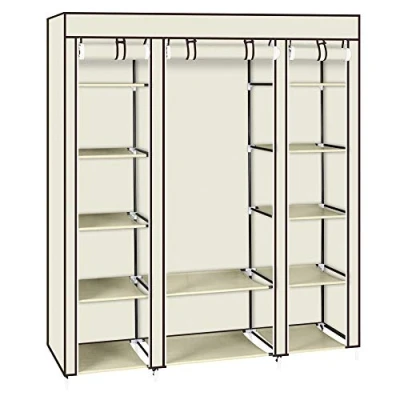Abbildung von TactFire Kleiderschrank, Stoffschrank, Faltschrank mit Kleiderstange und Ablagen, Offener Faltbarer Kleider Schrank, für Schlafzimmer, Ankleidezimmer, 150 x 45 175 cm, Beige