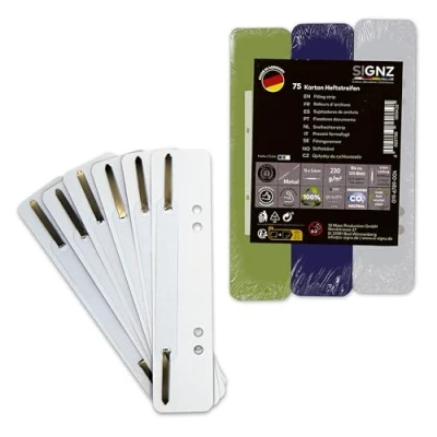 Abbildung von SIGNZ Heftstreifen Pappe, 75 Stück, 25 x 3 Farben, Recycling Karton, CO2 neutral hergestellt, made in Germany (75 dunkel blau, grün, weiß)
