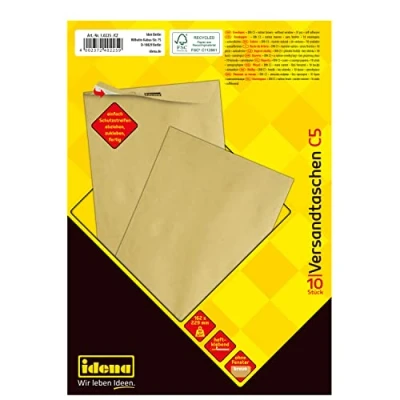 Abbildung von Idena 10225 Versandtaschen DIN C5, 10 Stück haftklebend, Briefumschläge ohne Fenster, aus 90 g/m² FSC Recycled Papier in Braun