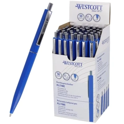 Abbildung von Westcott Kugelschreiber ALLTIME Blau 50 Stück Vorteilspack Druckkugelschreiber mit blauer Tinte Strichstärke M X20 Standardmine Dokumentenecht ISO 12757 2 Stabiler Metallclip E 737456 00