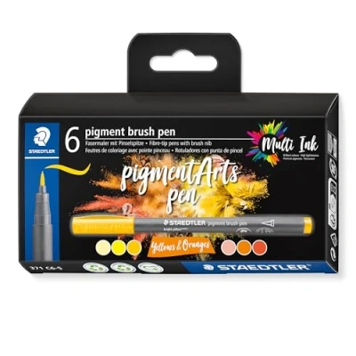Abbildung von STAEDTLER brush pen pigment Arts, Premium Zeichentusche, Pinselspitze für variable Linienbreite, wasserfest, schnelltrocknend, 6 pens in sortierten Farben im Kartonetui, 371 C6 5