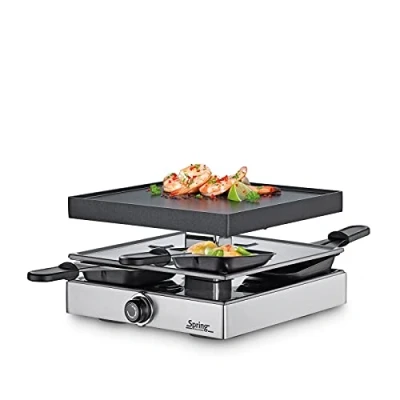Abbildung von Spring CLASSIC Raclette 4 Personen Silber, Tischgrill elektrisch, Antihaftbeschichtete Alu Grillplatte, Pfännchen &amp; Schaber, Abstellebene, 22,5x21,5x13,5cm, Grill