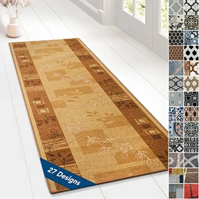 Abbildung von Floordirekt Teppichläufer mit Muster maßgefertigter Feinschlingen Teppich Läufer für Küche, Flur &amp; Wohnraum Ornament Vintage Orient Gitter (80 x 200 cm, Akzent Beige)