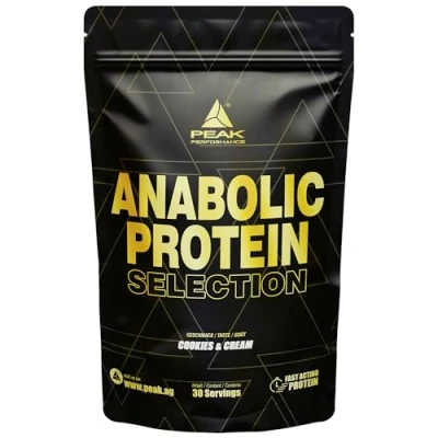 Abbildung von PEAK Anabolic Protein Selection 900g Geschmack Cookies &amp; Cream I 30 Portionen Mehrkomponenten mit Whey Isolat, Konzentrat, Hydrolysat Sojaprotein Isolat L Leucin Muskelaufbau 900 g