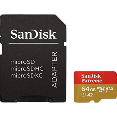 Abbildung von SanDisk Extreme 64 GB microSDXC Memory Card for Action Cameras and Drones with A2 App Performance up to 160 MB/s, Class 10, U3, V30