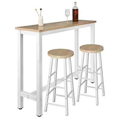 Abbildung von WOLTU BT30hei+BH130hei 2 1x Bartisch + 2X Barhocker Set Bistrotisch Stehtisch Esstisch Essgruppe, Metallgestell, Helleiche, 140x40x100cm(BxTxH)
