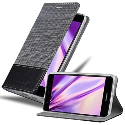 Abbildung von Cadorabo Hülle kompatibel mit Huawei NOVA aus Premium Jeans und Kunst Leder Flip Klappbare Stoßfeste Magnetische [Standfunktion] [Kartenfächern] Cover für Tasche in Grau