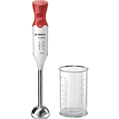 Abbildung von Bosch Hausgeräte MSM64110 ergonomischer Stabmixer mit Edelstahl Mixfuß QuattroBlade (450 W) Rot, Weiß