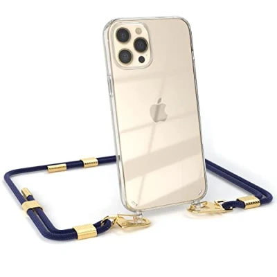 Abbildung von EAZY CASE kombinierbare Handyketten kompatibel mit iPhone 12 Pro Max, Transparente Silikon Hülle stylischen rundem Umhängeband, abnehmbar durch Karabiner, Riemen, Nacht Blau Clips Gold