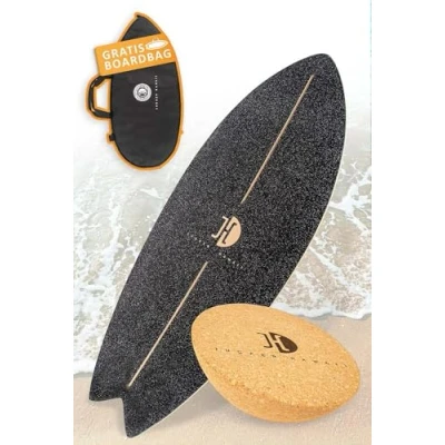 Abbildung von JUCKER HAWAII Surf Balanceboard Ocean Rocker Black Balance Board mit einmaligem Shape aus Holz Korkhalbkugel