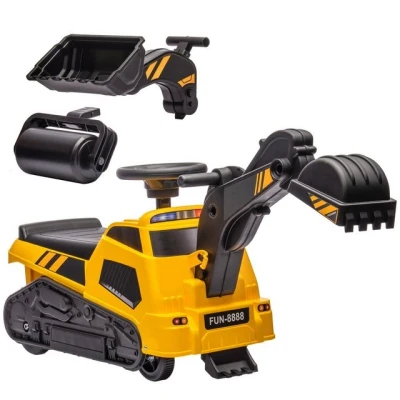 Abbildung von HOMCOM Trettraktor Kinderbagger, 3 in 1 Aufsitzbagger, Rutschauto mit Musik, Metall, Gelb, 100L x 43B 48.5H cm