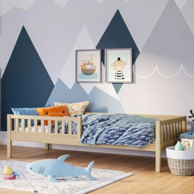 Abbildung von Bellabino Kinderbett Vils (Bett 90x200 cm, natur), mit Lattenrost und Rausfallschutz, aus Kiefer Massivholz