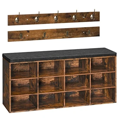 Abbildung von HOOBRO Garderobe Schuhregal Set, Schuhbank mit 12 Fächern, gepolsterter Sitzbank, Wandgarderobe 9 Haken, Schuhschrank für, Eingangsbereich, Schlafzimmer Vintagebraun EBF112HX01G1