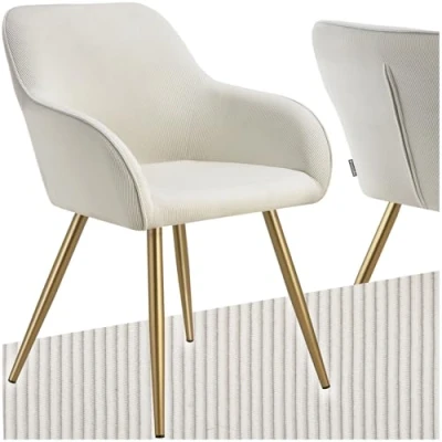 Abbildung von tectake® Esszimmerstuhl, Sessel bequem mit Armlehne, Polsterstuhl, Cord Cocktailsessel, Loungesessel für Wohnzimmer, Esszimmer, Moderne Küchenstühle, Bürostuhl Creme/Gold