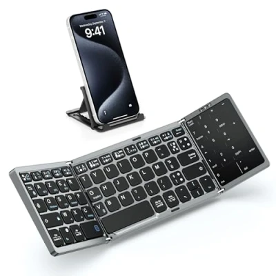 Abbildung von MoKo Faltbare Bluetooth Tastatur, Kabellos Tragbar Französisch Tastatur Klappbar mit Touchpad &amp; Ziffernblock, Multi Gerät Wiederaufladbar für Windows iOS Android Tablet/Handy, AZERTY Layout