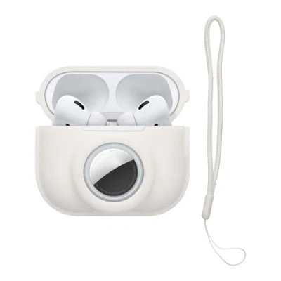 Abbildung von kwmobile 2 in1 Hülle kompatibel mit Apple Airpods Pro und AirTag Kopfhörer Case Weiches Silikon Cover Schutzhülle Karabiner Weiß