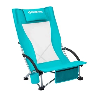 Abbildung von KingCamp Strandstuhl Klappbar Leicht, Niedrig Campingstuhl Faltbar, 180 kg Belastbar, Klappstuhl Strand mit Armlehnen Getränkehalter Netztasche, Strandsessel Mesh Hochlehner, Cyan