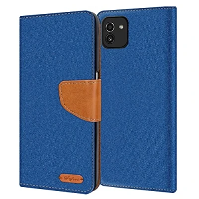 Abbildung von Verco kompatibel mit Samsung Galaxy A03 Hülle, Schutzhülle für Tasche Denim Textil Book Case Flip Klapphülle, Blau